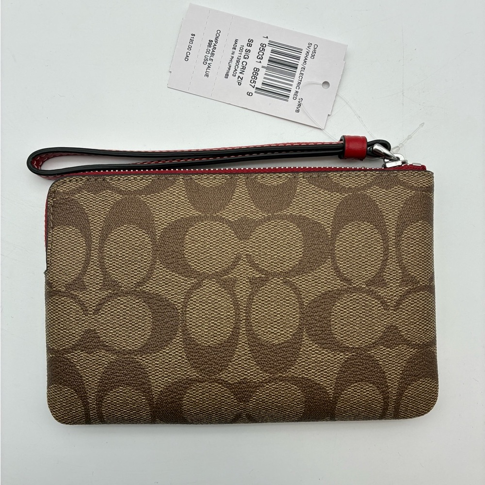 Coach Khaki & Electric Red Signature Zip Wristlet - Coach - Picture 3 of 5